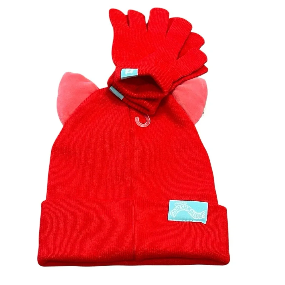 Squishmallows Beanie Hat Toboggan Gloves Set Fifi Fox Girl Kid Red Pink Ears NWT